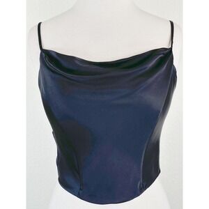 ASTR The Label Black Satin Cowl Neck Crop Top Smocked Back Cami M